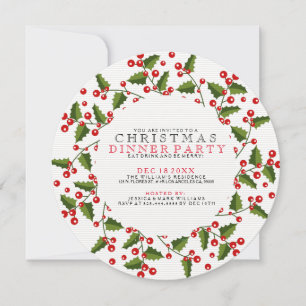 Green & Red Christmas Wreath Dinner Invitation