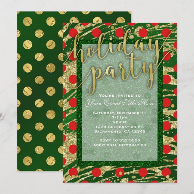 Green & Red Circles Gold Holiday Party Invitations (Front/Back)