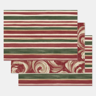 Green Red Cream Stripes Wrapping Paper Sheet