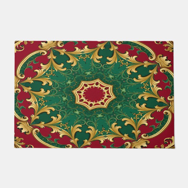Green Red Decorative Christmas Holiday Doormat (Front)