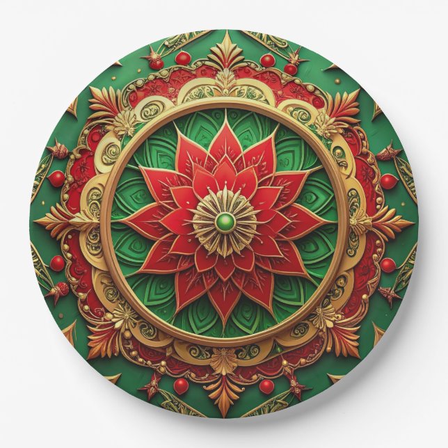 Green Red Decorative Christmas Holiday Paper Plate (Front)