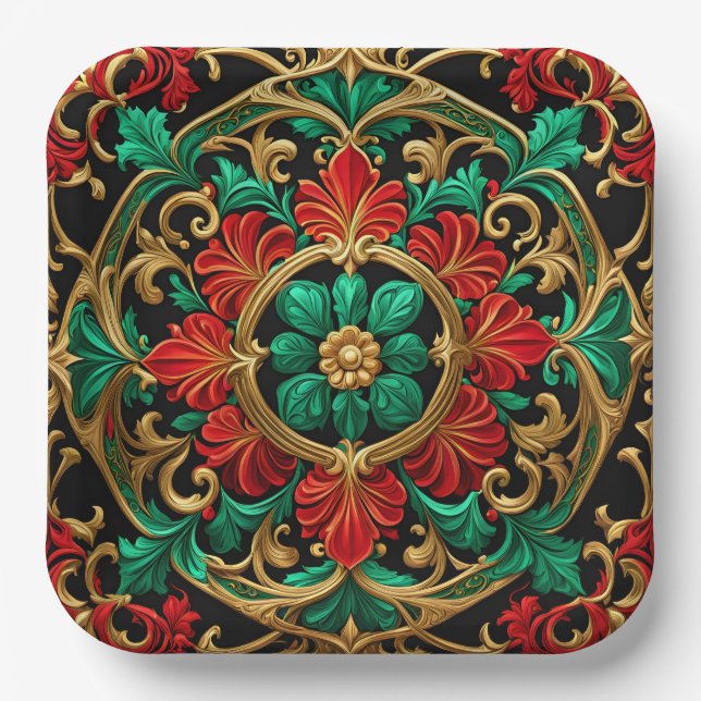 Green Red Decorative Christmas Holiday Paper Plate (Front)