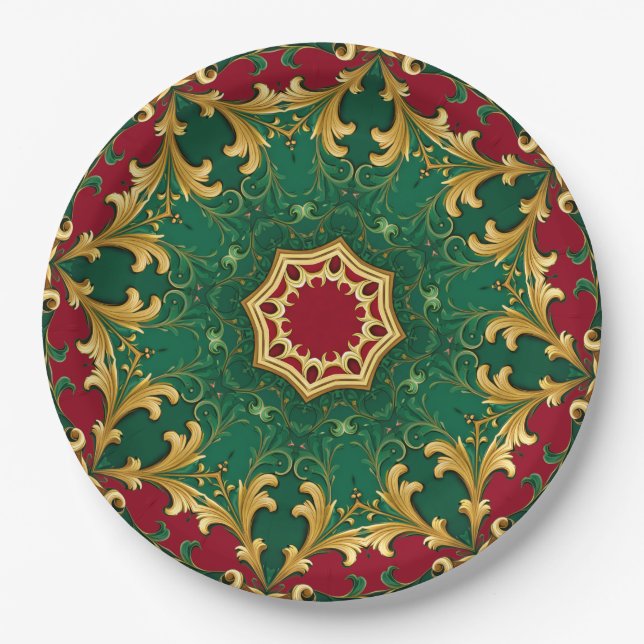 Green Red Decorative Christmas Holiday Paper Plate (Front)