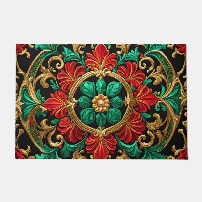 Green Red Decorative Holiday Doormat (Front)