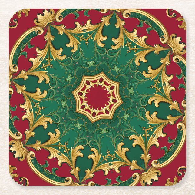 Green Red Decorative Holiday Paper Coaster (Front)