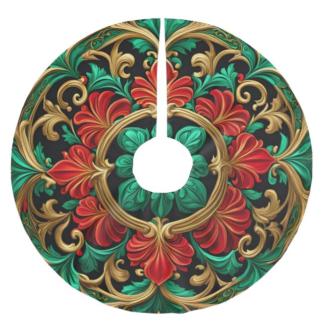 Green Red Decorative Holiday Tree Skirt (Front)