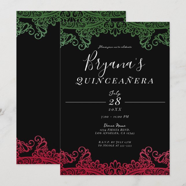 Green & Red Elegant Black 15th Quinceañera Party Invitation (Front/Back)