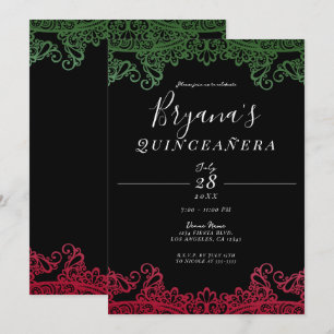 Green & Red Elegant Black 15th Quinceañera Party Invitation