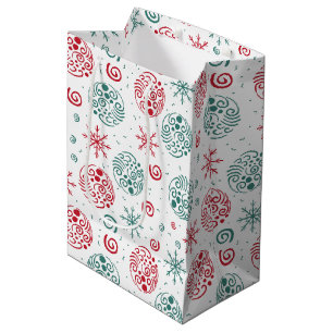 Green Red Festive Swirls and Snowflakes Christmas Medium Gift Bag