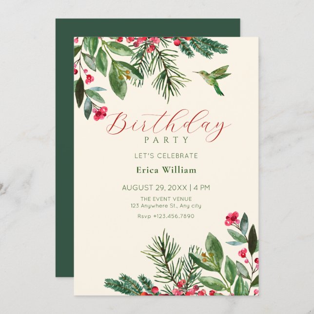 Green red floral birthday invitation (Front/Back)