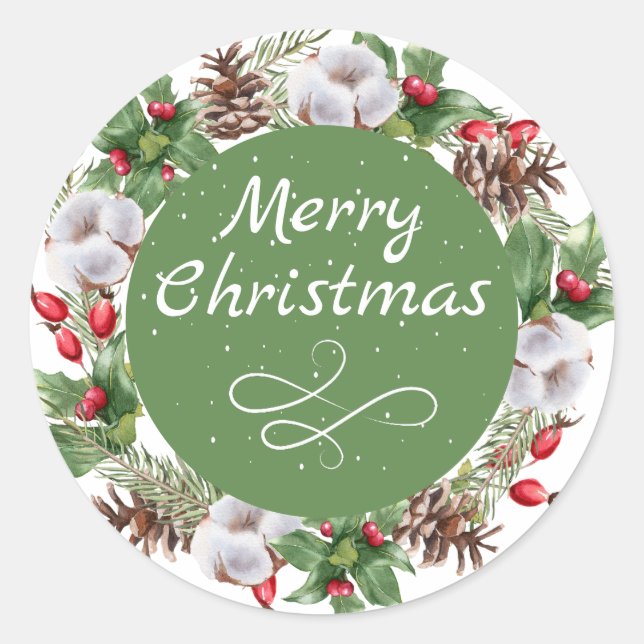 Green Red Floral Merry Christmas  Classic Round Sticker (Front)