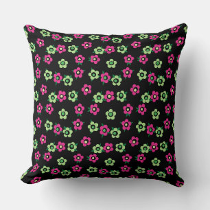 Green Red floral pattern black retro Sixties Cushion