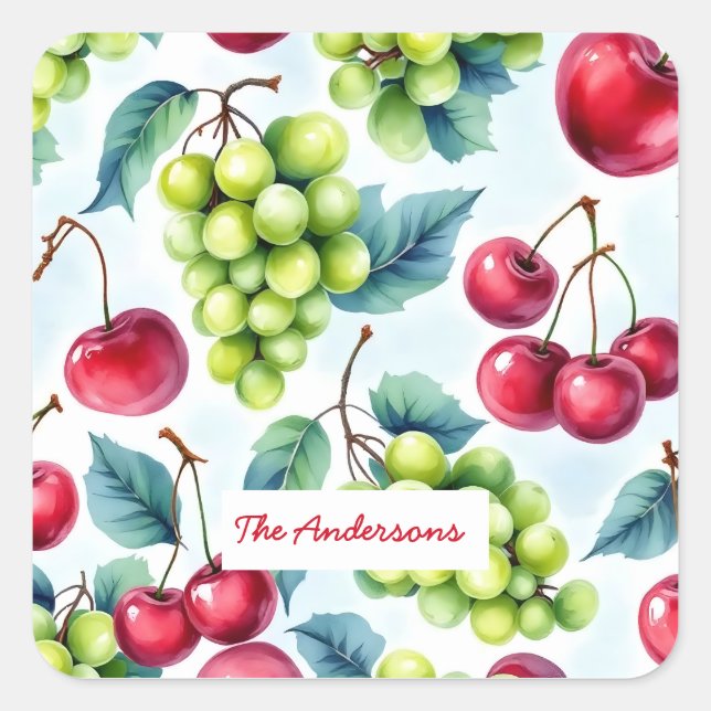 Green Red Fruit Food Pattern Grapes Cherry  Square Sticker (Front)