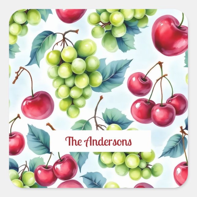 Green Red Fruits Grapes Cherry Elegant Pattern  Square Sticker (Front)