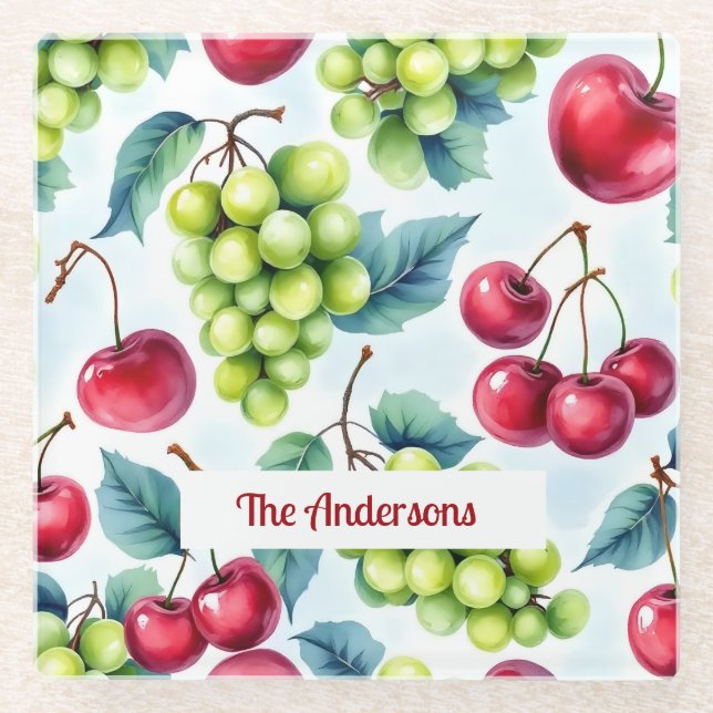 Green Red Fruits Grapes Cherry Watercolor Glass Coaster (Front)