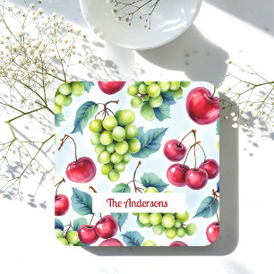 Green Red Fruits Grapes Cherry Watercolor Square Paper Coaster