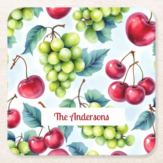 Green Red Fruits Grapes Cherry Watercolor Square Paper Coaster (Front)