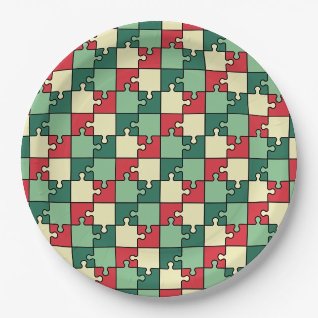 Green Red Geometric Puzzle Pieces Pattern Paper Plate (Front)
