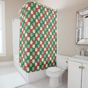 Green Red Geometric Puzzle Pieces Pattern Shower Curtain