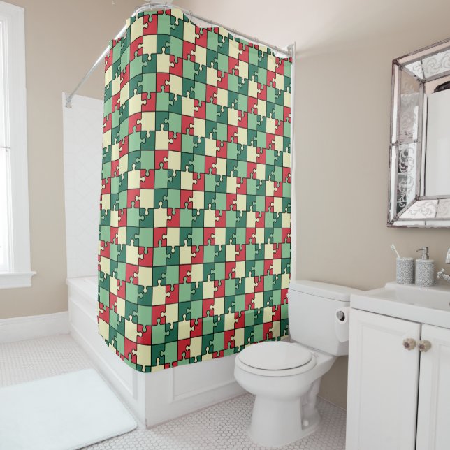 Green Red Geometric Puzzle Pieces Pattern Shower Curtain (In Situ)