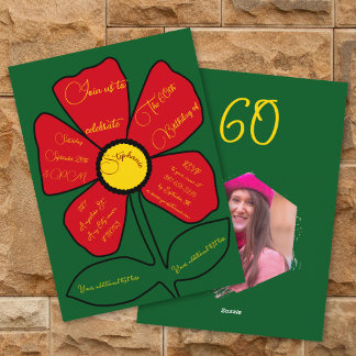 Green,Red, Gold 60th Birthday Simple Doodle Flower Invitation