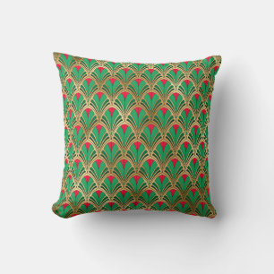 Green Red Gold Art Deco Fan Pattern Cushion