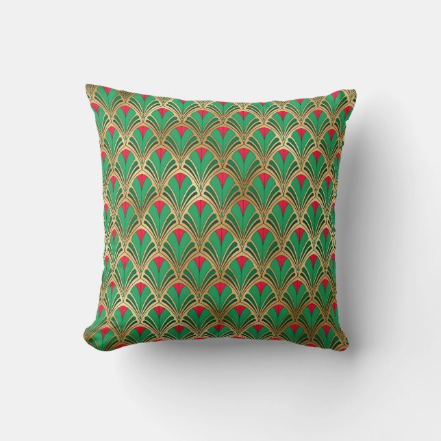Green Red Gold Art Deco Fan Pattern Cushion (Front)