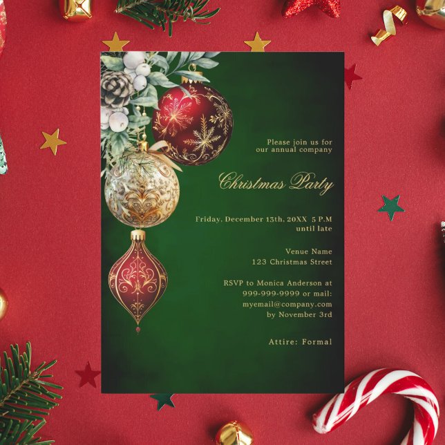 Green red gold baubles business Christmas Party Invitation (Creator Uploaded)