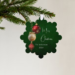 Green red gold baubles Christmas decor Tree Decoration Card<br><div class="desc">A rustic green uneven coloured background. Decorated with red and gold baubles and some greenery and a pine cone.  Personalise and add your name,  year.  Text: Merry Christmas</div>