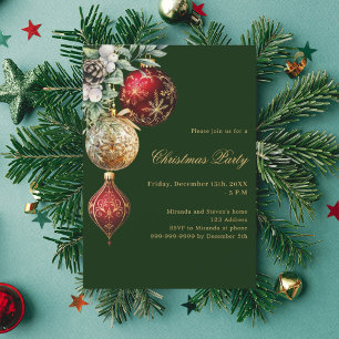 Green red gold baubles Christmas Party Invitation