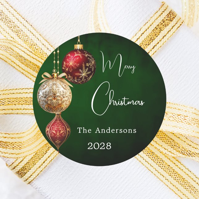 Green red gold baubles classic Christmas Classic Round Sticker (Creator Uploaded)