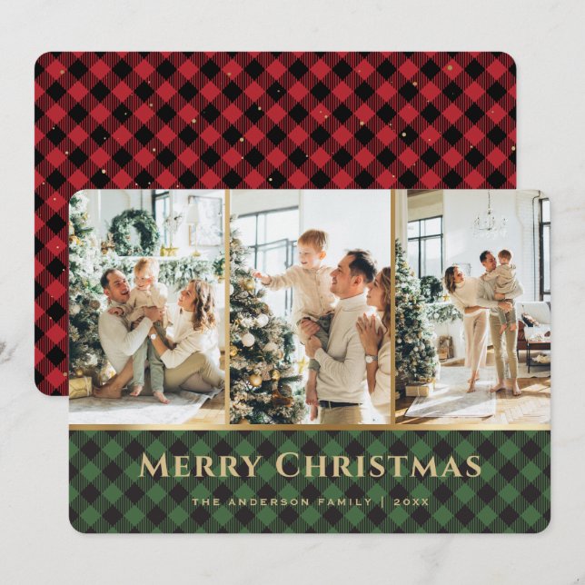 Green Red Gold Buffalo Plaid Photo Christmas Holiday Card (Front/Back)