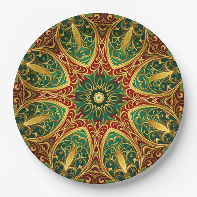 Green Red Gold Decorative Holiday Paper Plate (Front)
