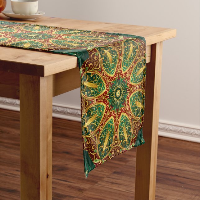 Green Red Gold Decorative Holiday Table Runner (In Situ)