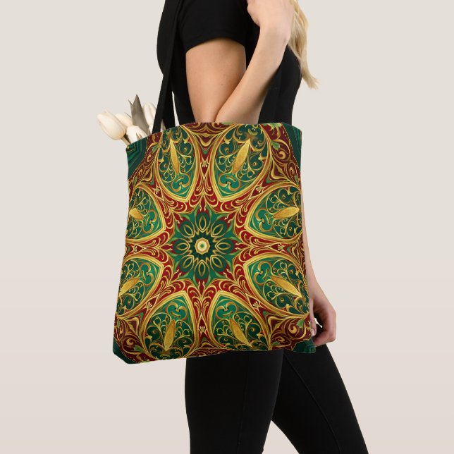 Green Red Gold Decorative Holiday Tote Bag (Close Up)