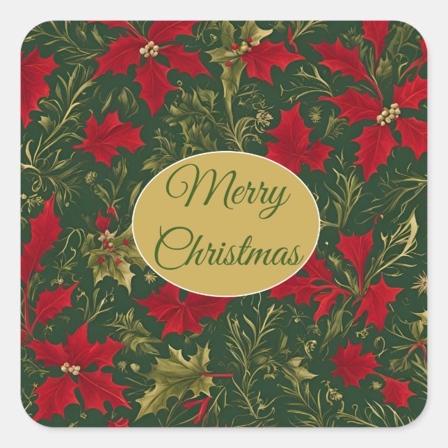 Green Red Gold, Holly and Amaryllis Christmas Square Sticker (Front)