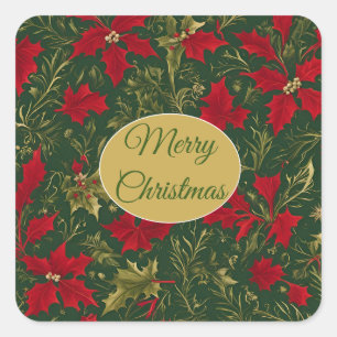 Green Red Gold, Holly and Amaryllis Christmas Square Sticker