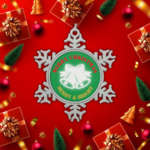Green, Red & Gold Merry Christmas   Snowflake Pewter Christmas Ornament