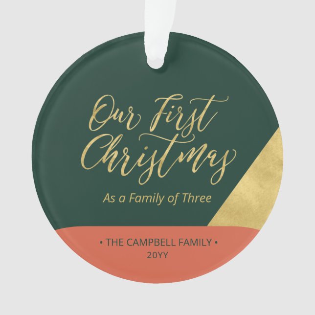 Green, Red & Gold Modern First Christmas Photo Orn Ornament (Front)