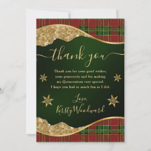Green Red & Gold Plaid Snowflake Quinceanera Thank You Card