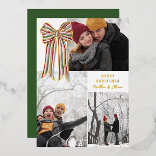 Green Red Gold Striped Bow Merry Christmas Photo Foil Holiday Card