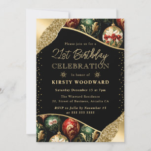 Green Red & Gold Winter Baubles 21st Birthday Invitation
