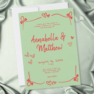 Green Red Hand Drawn Heart Whimsical Wedding Invitation