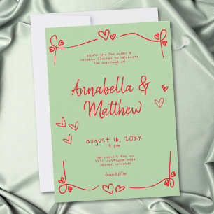 Green Red Hand Drawn Heart Whimsical Wedding Invitation