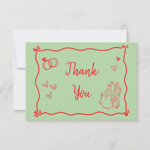 Green Red Hand Drawn Heart Whimsical Wedding Thank You Card
