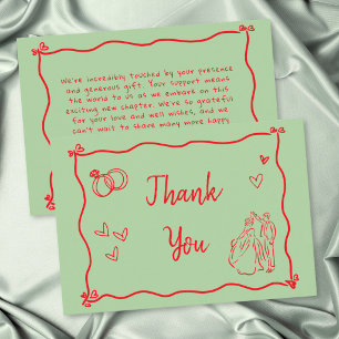 Green Red Hand Drawn Heart Whimsical Wedding Thank You Card