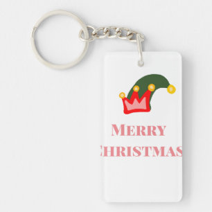 Green red hat merry Christmas add name text name Key Ring