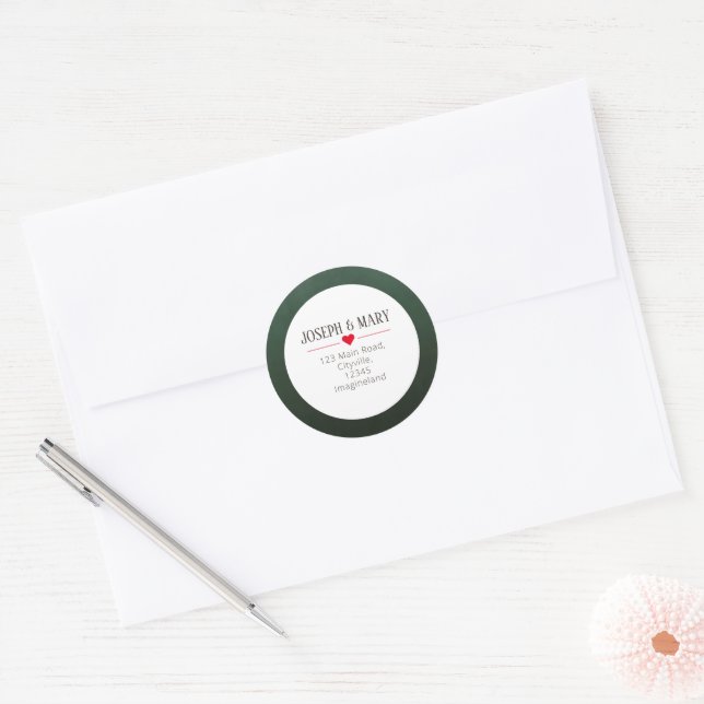 Green Red Heart Christmas return address Classic Round Sticker (Envelope)