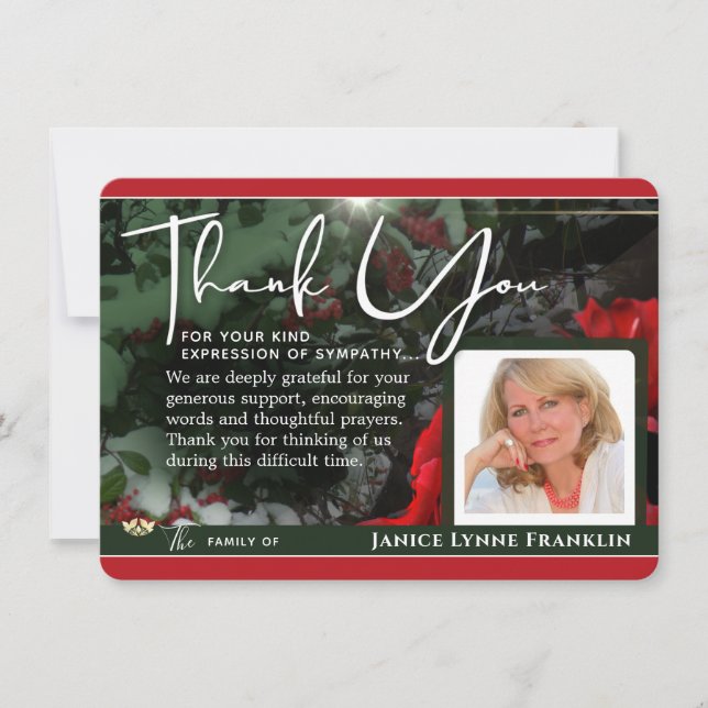 Green & Red Holiday Photo Sympathy Thank You Card (Front)