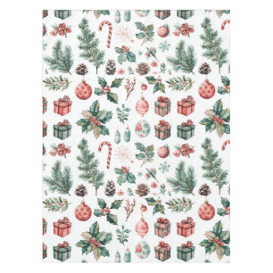 Green Red Holiday Watercolor Pine Berry Whimsical Tablecloth